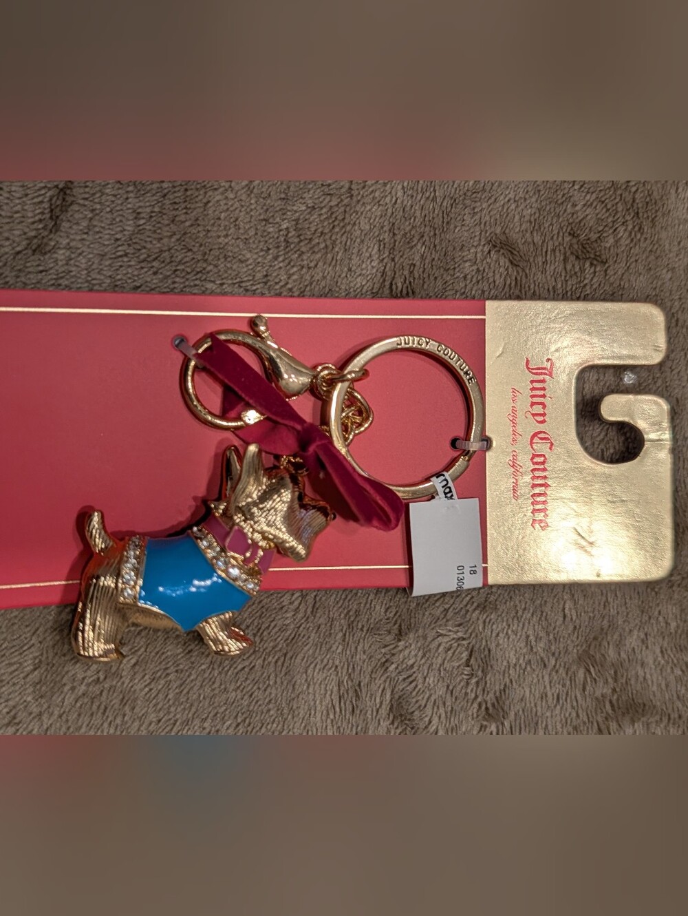 Juicy Couture Gold Scottish Dog Keychain with Blue Enamel and Pink Ribbon Bow